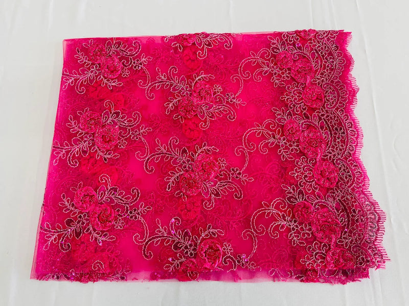 Flower Lace Fabric - Fuschia - Embroidered Flower With Sequins on a Mesh Lace Fabric By Yard