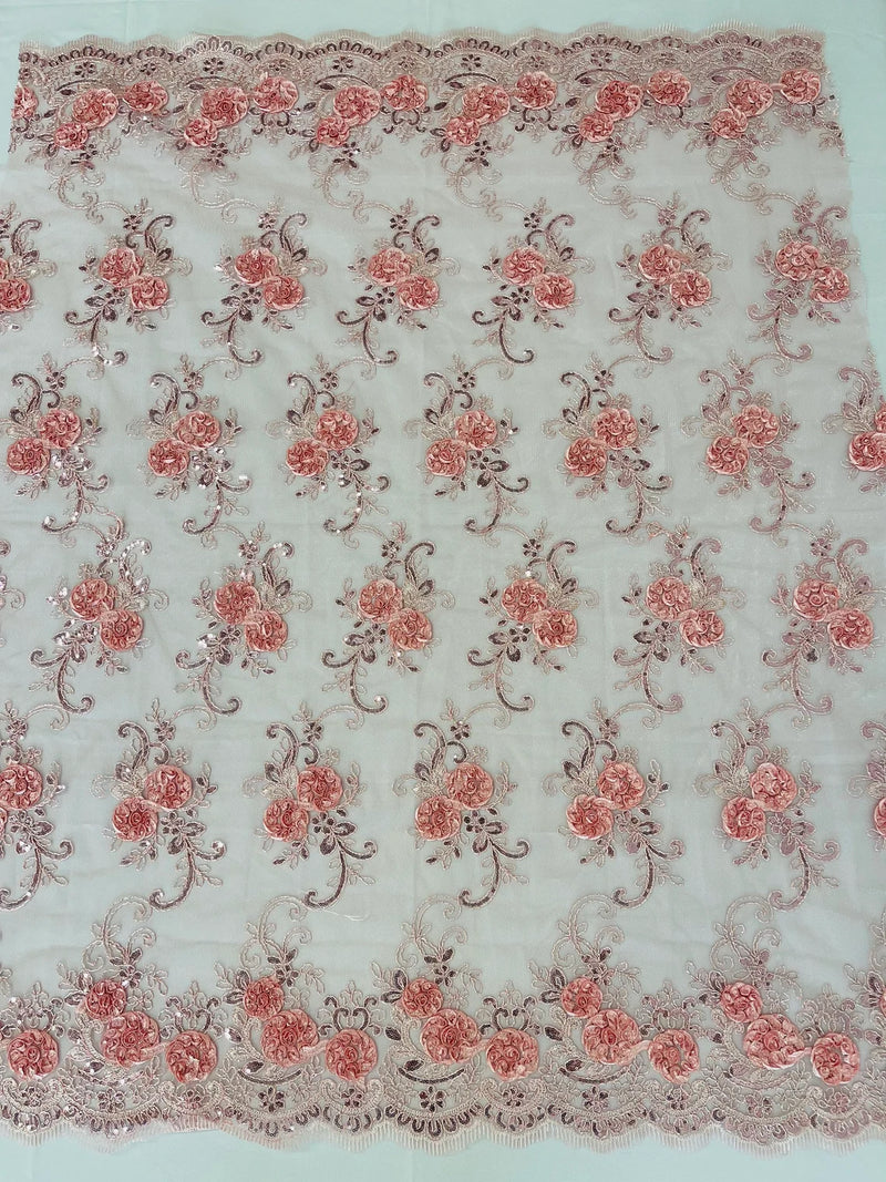 Flower Lace Fabric - Rose - Embroidered Flower With Sequins on a Mesh Lace Fabric By Yard