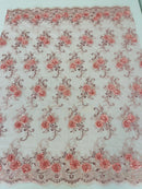 Flower Lace Fabric - Rose - Embroidered Flower With Sequins on a Mesh Lace Fabric By Yard