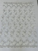Flower Lace Fabric - White - Embroidered Roses With Sequins on a Mesh Lace Fabric By Yard