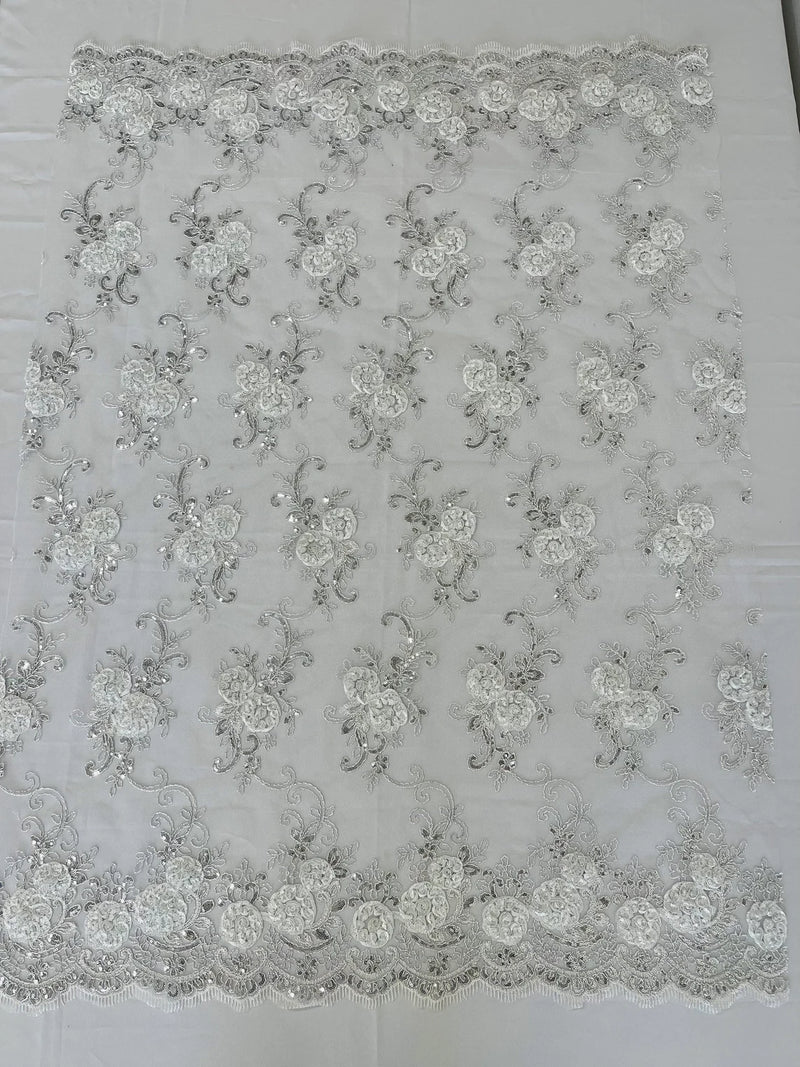 Flower Lace Fabric - White - Embroidered Roses With Sequins on a Mesh Lace Fabric By Yard