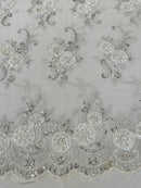 Flower Lace Fabric - White - Embroidered Roses With Sequins on a Mesh Lace Fabric By Yard