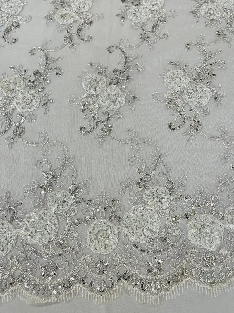 Flower Lace Fabric - White - Embroidered Roses With Sequins on a Mesh Lace Fabric By Yard