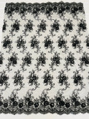 Flower Lace Fabric - Black - Embroidered Roses With Sequins on a Mesh Lace Fabric By Yard