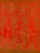 Angel Wing Sequin Design - Orange - Wing Patterns Embroidered with Sequins on Orange Mesh By Yard