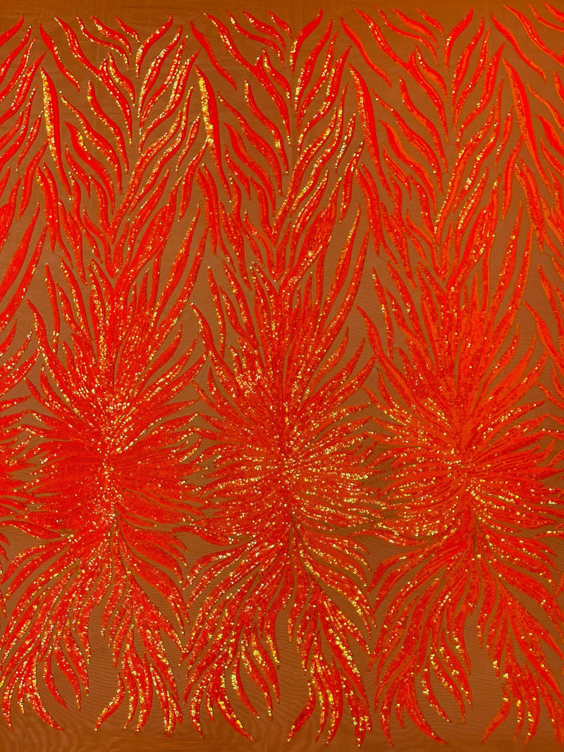 Angel Wing Sequin Design - Orange - Wing Patterns Embroidered with Sequins on Orange Mesh By Yard