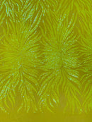 Angel Wing Sequin Design - Yellow - Wing Patterns Embroidered with Sequins on Mesh By Yard