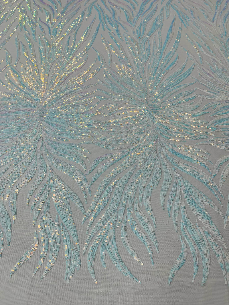 Angel Wing Sequin Design - Blue / White - Wing Patterns Embroidered with Sequins on Mesh Sold By Yard