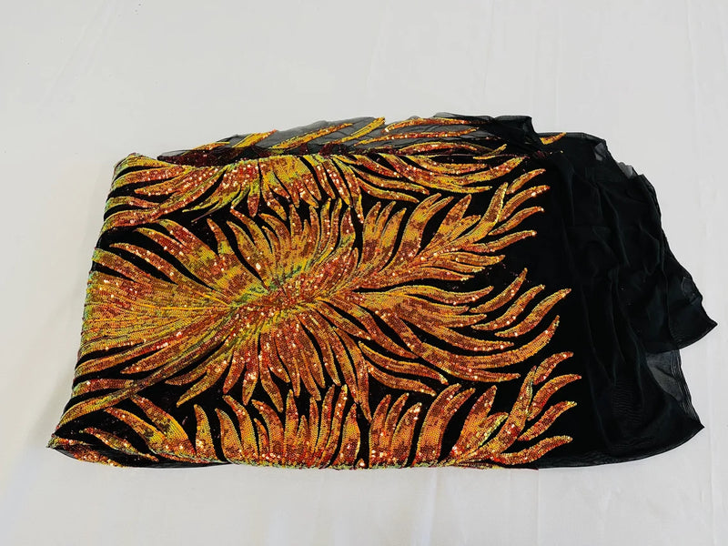 Angel Wing Sequin Design - Iridescent Orange - Wing Patterns Embroidered with Sequins on Black Mesh By Yard