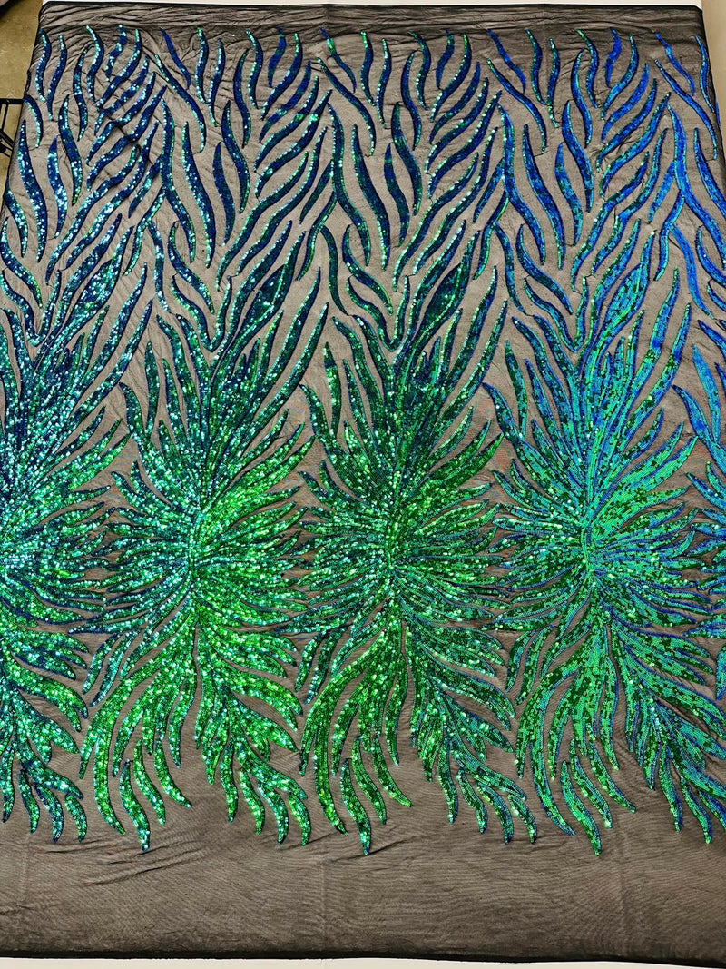 Angel Wing Sequin Design - Iridescent Blue/Green - Wing Patterns Embroidered with Sequins on Mesh Sold By Yard