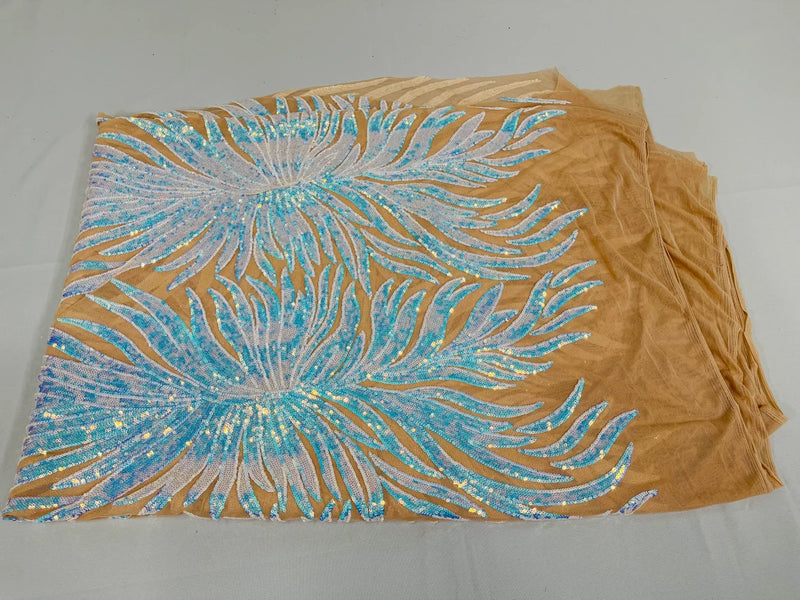 Angel Wing Sequin Design - Aqua - Wing Patterns Embroidered with Sequins on Mesh Sold By Yard