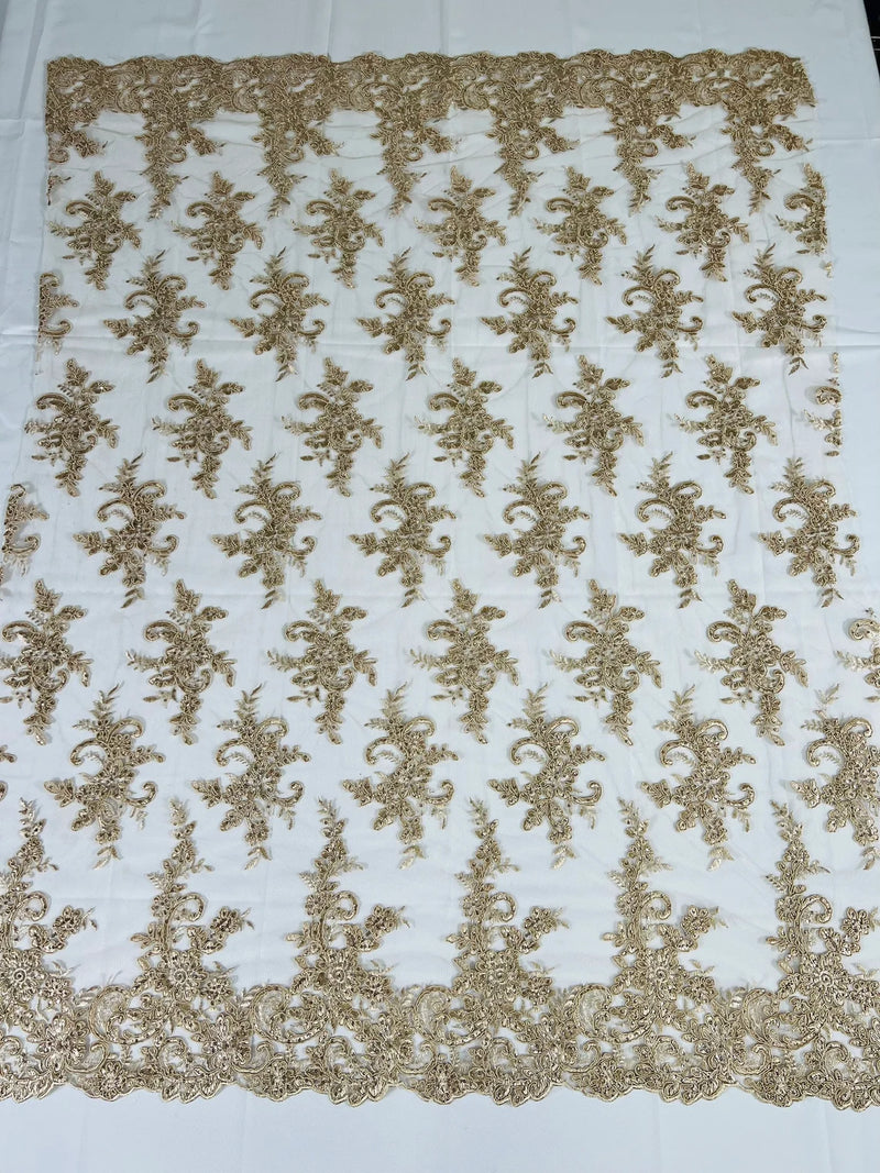 Lace Flower Cluster Fabric - Champagne - Embroidered Flower With Sequins on a Mesh Lace Fabric By Yard