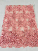 Lace Flower Cluster Fabric - Pink - Embroidered Flower With Sequins on a Mesh Lace Fabric By Yard