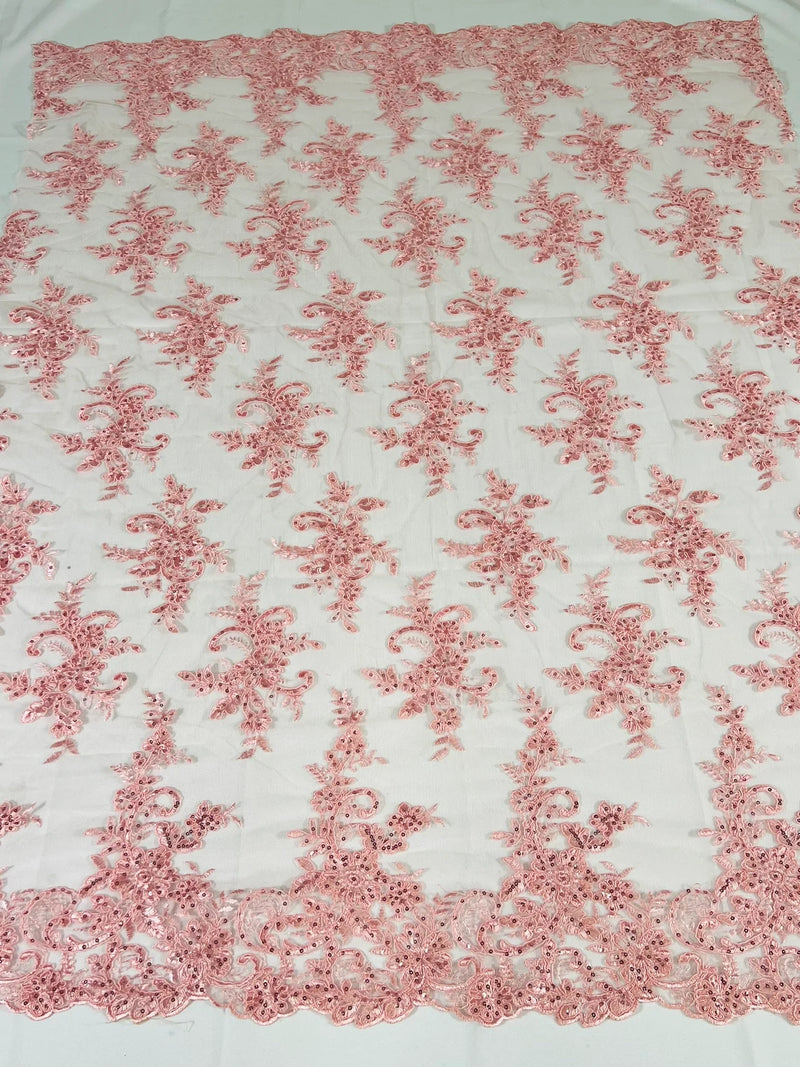 Lace Flower Cluster Fabric - Pink - Embroidered Flower With Sequins on a Mesh Lace Fabric By Yard