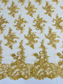 Lace Flower Cluster Fabric - Gold - Embroidered Flower With Sequins on a Mesh Lace Fabric By Yard
