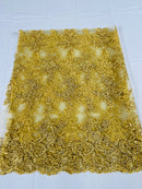 Lace Flower Cluster Fabric - Gold - Embroidered Flower With Sequins on a Mesh Lace Fabric By Yard