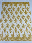 Lace Flower Cluster Fabric - Gold - Embroidered Flower With Sequins on a Mesh Lace Fabric By Yard