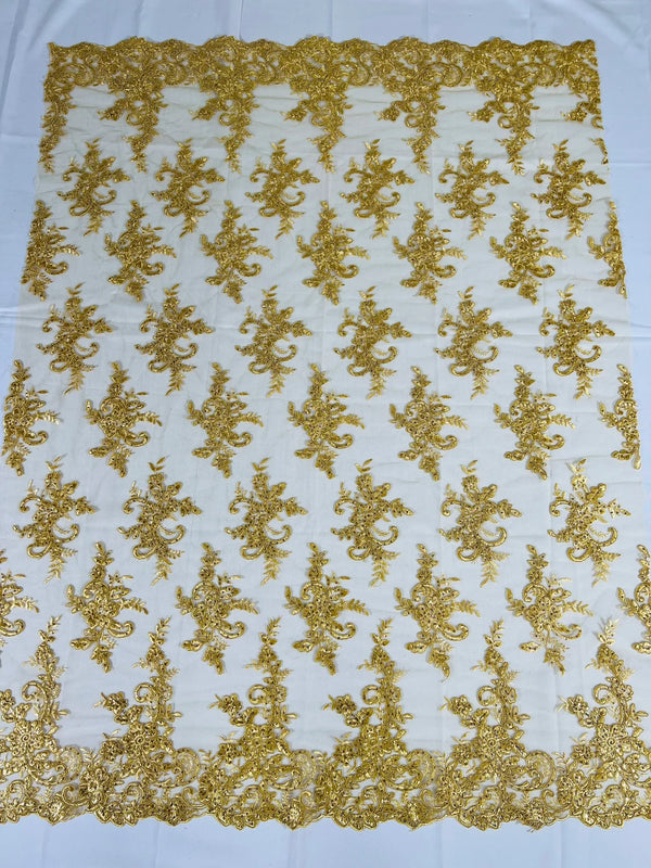 Lace Flower Cluster Fabric - Gold - Embroidered Flower With Sequins on a Mesh Lace Fabric By Yard