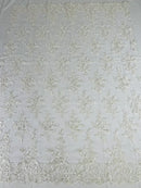 Lace Flower Cluster Fabric - Ivory - Embroidered Flower With Sequins on a Mesh Lace Fabric By Yard