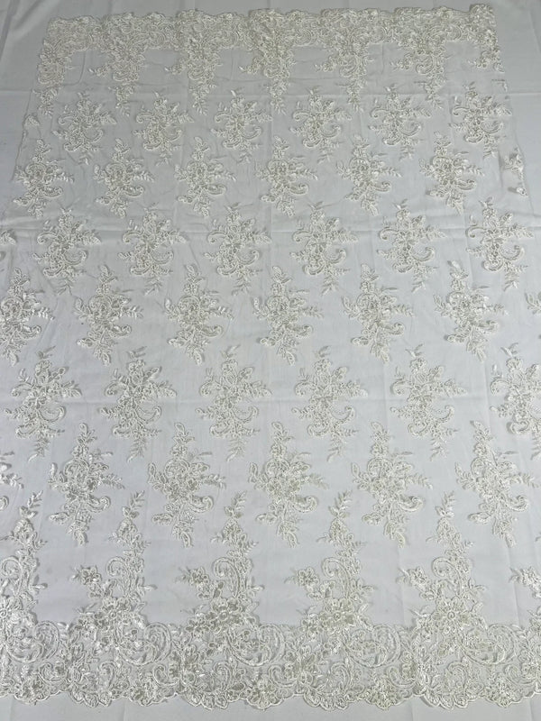 Lace Flower Cluster Fabric - Ivory - Embroidered Flower With Sequins on a Mesh Lace Fabric By Yard