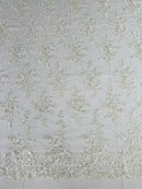 Lace Flower Cluster Fabric - Ivory - Embroidered Flower With Sequins on a Mesh Lace Fabric By Yard