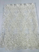 Lace Flower Cluster Fabric - Ivory - Embroidered Flower With Sequins on a Mesh Lace Fabric By Yard