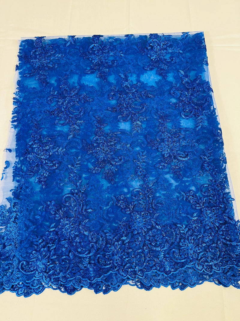 Lace Flower Cluster Fabric - Royal Blue - Embroidered Flower With Sequins on a Mesh Lace Fabric By Yard