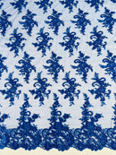 Lace Flower Cluster Fabric - Royal Blue - Embroidered Flower With Sequins on a Mesh Lace Fabric By Yard