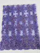 Lace Flower Cluster Fabric - Lilac - Embroidered Flower With Sequins on a Mesh Lace Fabric By Yard