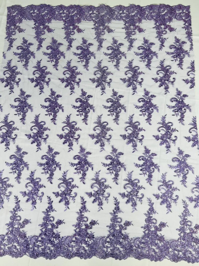 Lace Flower Cluster Fabric - Lilac - Embroidered Flower With Sequins on a Mesh Lace Fabric By Yard