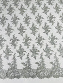 Lace Flower Cluster Fabric - Silver - Embroidered Flower With Sequins on a Mesh Lace Fabric By Yard