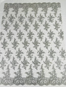 Lace Flower Cluster Fabric - Silver - Embroidered Flower With Sequins on a Mesh Lace Fabric By Yard
