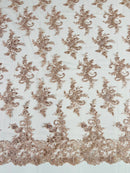 Lace Flower Cluster Fabric - Blush - Embroidered Flower With Sequins on a Mesh Lace Fabric By Yard