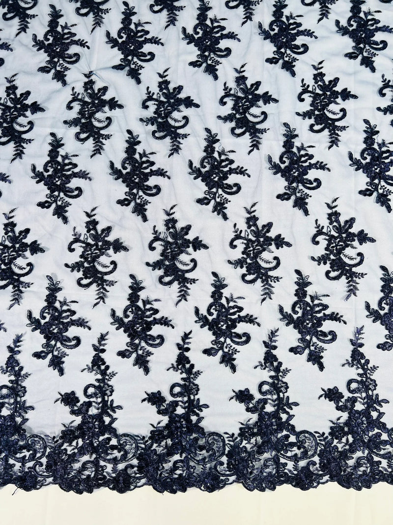 Lace Flower Cluster Fabric - Navy Blue - Embroidered Flower With Sequins on a Mesh Lace Fabric By Yard