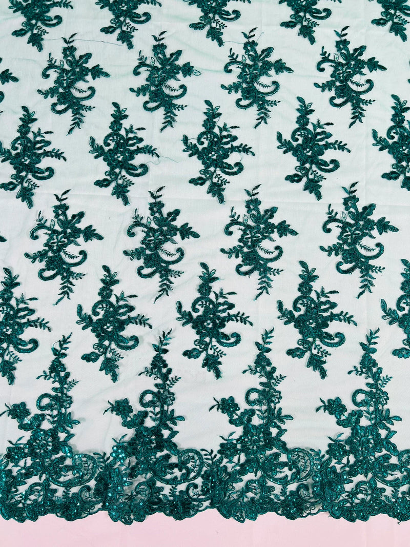 Lace Flower Cluster Fabric - Hunter Green - Embroidered Flower With Sequins on a Mesh Lace Fabric By Yard