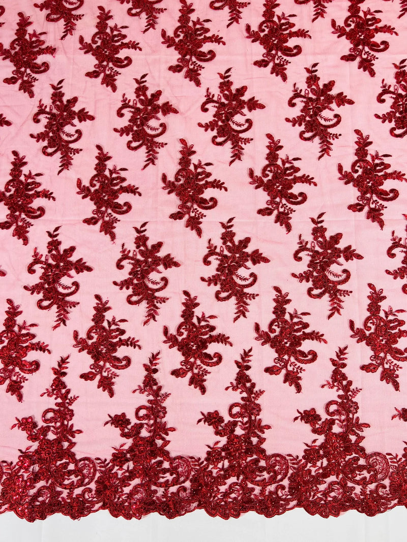 Lace Flower Cluster Fabric - Burgundy - Embroidered Flower With Sequins on a Mesh Lace Fabric By Yard