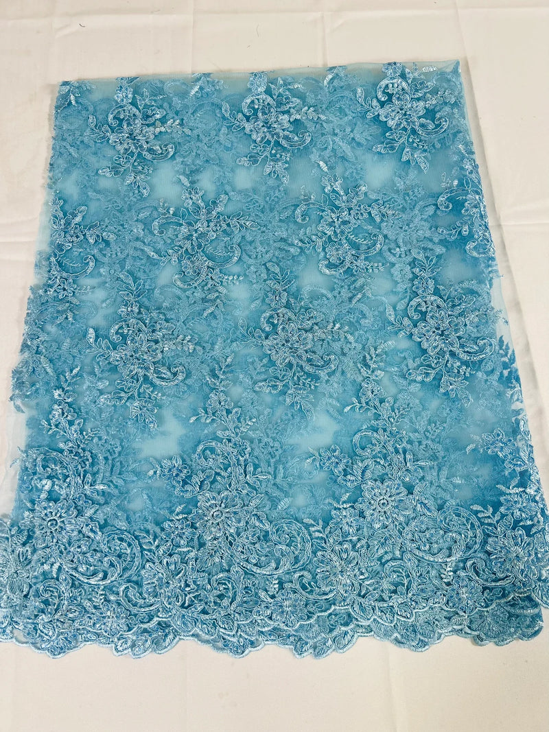 Lace Flower Cluster Fabric - Baby Blue - Embroidered Flower With Sequins on a Mesh Lace Fabric By Yard