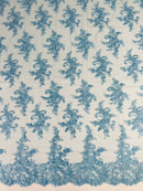 Lace Flower Cluster Fabric - Baby Blue - Embroidered Flower With Sequins on a Mesh Lace Fabric By Yard