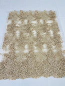 Lace Flower Cluster Fabric - Champagne - Embroidered Flower With Sequins on a Mesh Lace Fabric By Yard