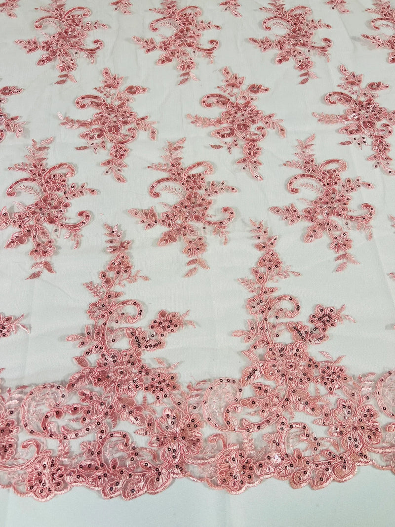 Lace Flower Cluster Fabric - Pink - Embroidered Flower With Sequins on a Mesh Lace Fabric By Yard