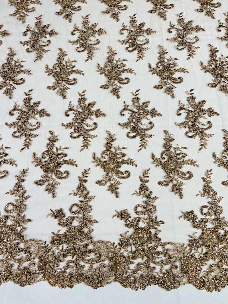 Lace Flower Cluster Fabric - Coffee - Embroidered Flower With Sequins on a Mesh Lace Fabric By Yard