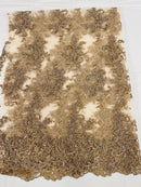 Lace Flower Cluster Fabric - Coffee - Embroidered Flower With Sequins on a Mesh Lace Fabric By Yard