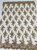 Lace Flower Cluster Fabric - Coffee - Embroidered Flower With Sequins on a Mesh Lace Fabric By Yard