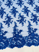 Lace Flower Cluster Fabric - Royal Blue - Embroidered Flower With Sequins on a Mesh Lace Fabric By Yard