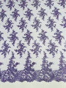 Lace Flower Cluster Fabric - Lilac - Embroidered Flower With Sequins on a Mesh Lace Fabric By Yard