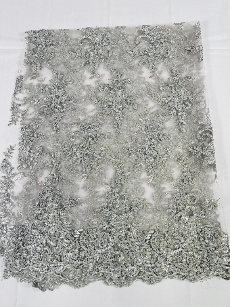 Lace Flower Cluster Fabric - Silver - Embroidered Flower With Sequins on a Mesh Lace Fabric By Yard