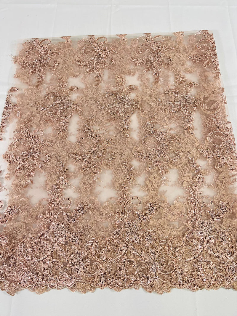 Lace Flower Cluster Fabric - Blush - Embroidered Flower With Sequins on a Mesh Lace Fabric By Yard