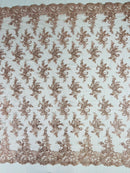 Lace Flower Cluster Fabric - Blush - Embroidered Flower With Sequins on a Mesh Lace Fabric By Yard