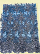 Lace Flower Cluster Fabric - Navy Blue - Embroidered Flower With Sequins on a Mesh Lace Fabric By Yard