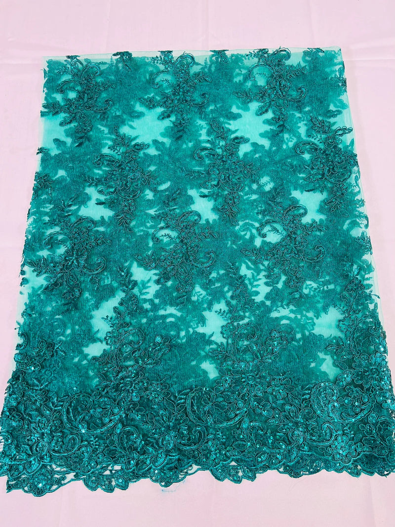 Lace Flower Cluster Fabric - Turquoise - Embroidered Flower With Sequins on a Mesh Lace Fabric By Yard